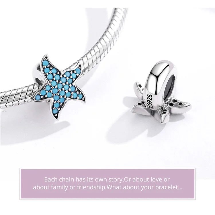 925 Sterling Silver Blue Starfish Stopper Charm - Pandora Compatible Ocean Zirconia Bead for European Bracelets (SCC1313)