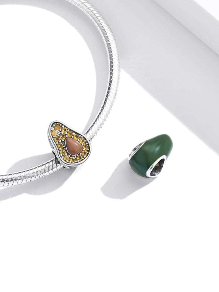 925 Sterling Silver Green Enamel Avocado Charm - Compatible with Pandora Bracelets