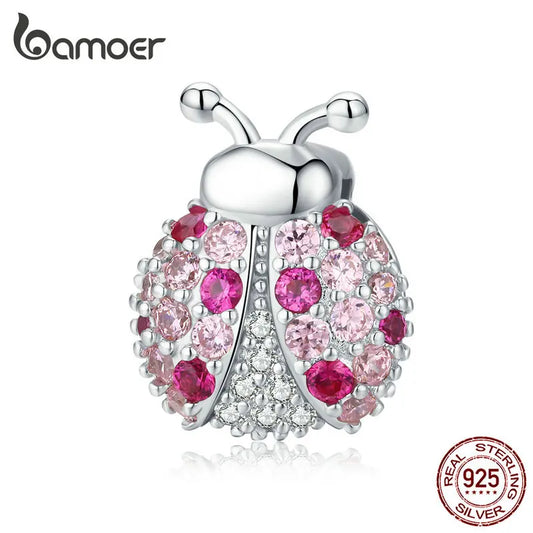 925 Sterling Silver Pink Crystal Ladybug Charm | Pandora Compatible Bracelet Bead | European Style Reflexions Collection