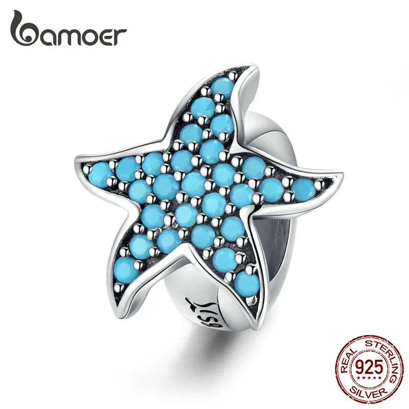 925 Sterling Silver Blue Starfish Stopper Charm - Pandora Compatible Ocean Zirconia Bead for European Bracelets (SCC1313)