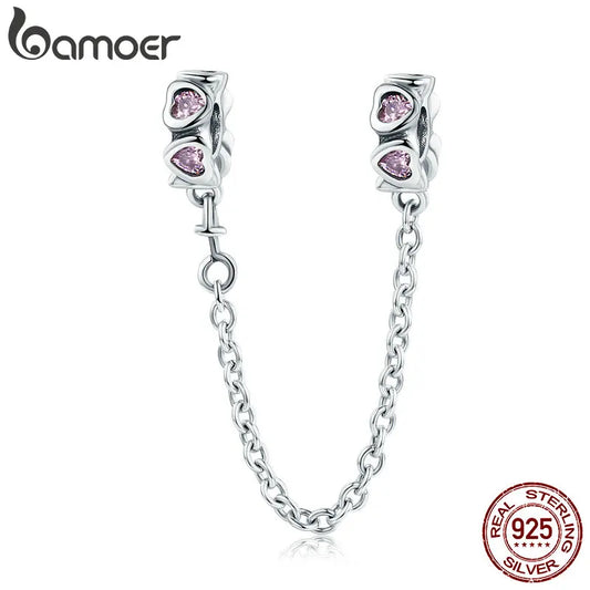 925 Sterling Silver Pink Heart Safety Chain Charm - Pandora Compatible Bracelet Stopper - Romantic Zircon Heart Charm for European Style Bracelets