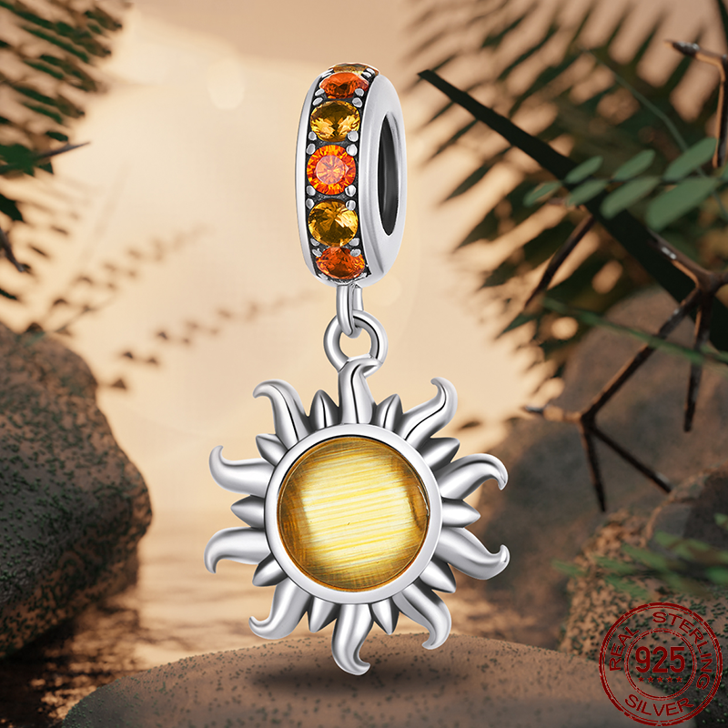 Vintage 925 Sterling Silver Sun Style Amber Murano Glass Charm Beads - Compatible with Pandora Bracelets