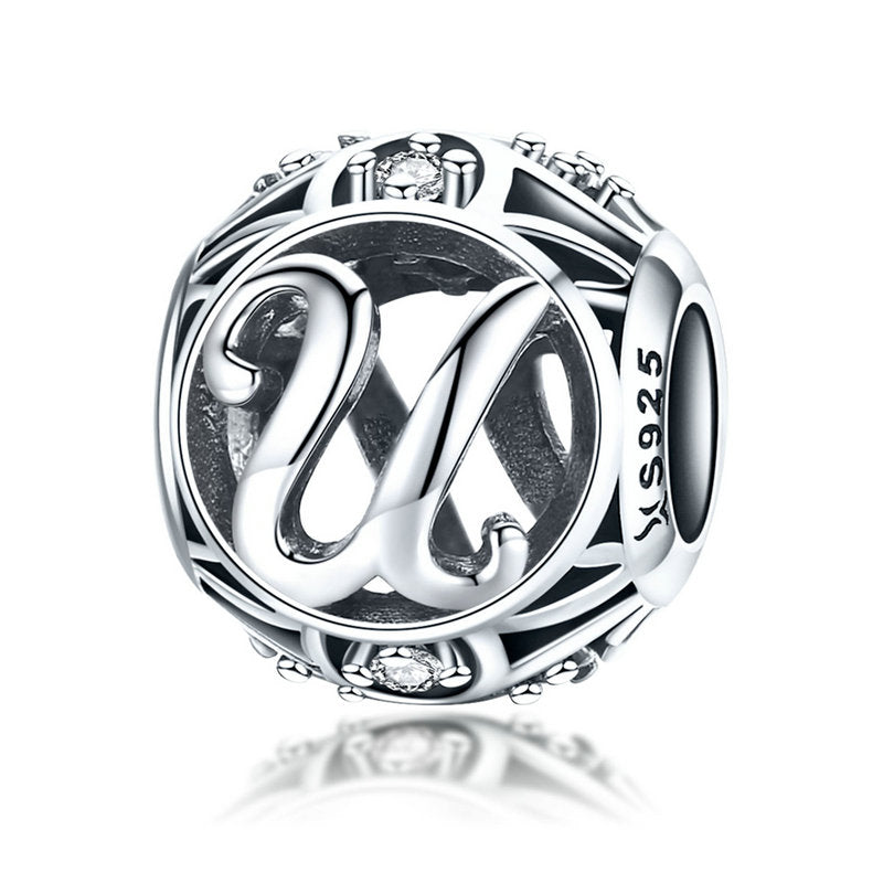 925 Sterling Silver Hollow Letter Charm with Zircon – Compatible with Pandora, Chamilia & European Bracelets