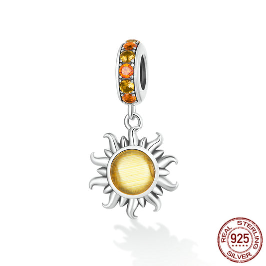 Vintage 925 Sterling Silver Sun Style Amber Murano Glass Charm Beads - Compatible with Pandora Bracelets