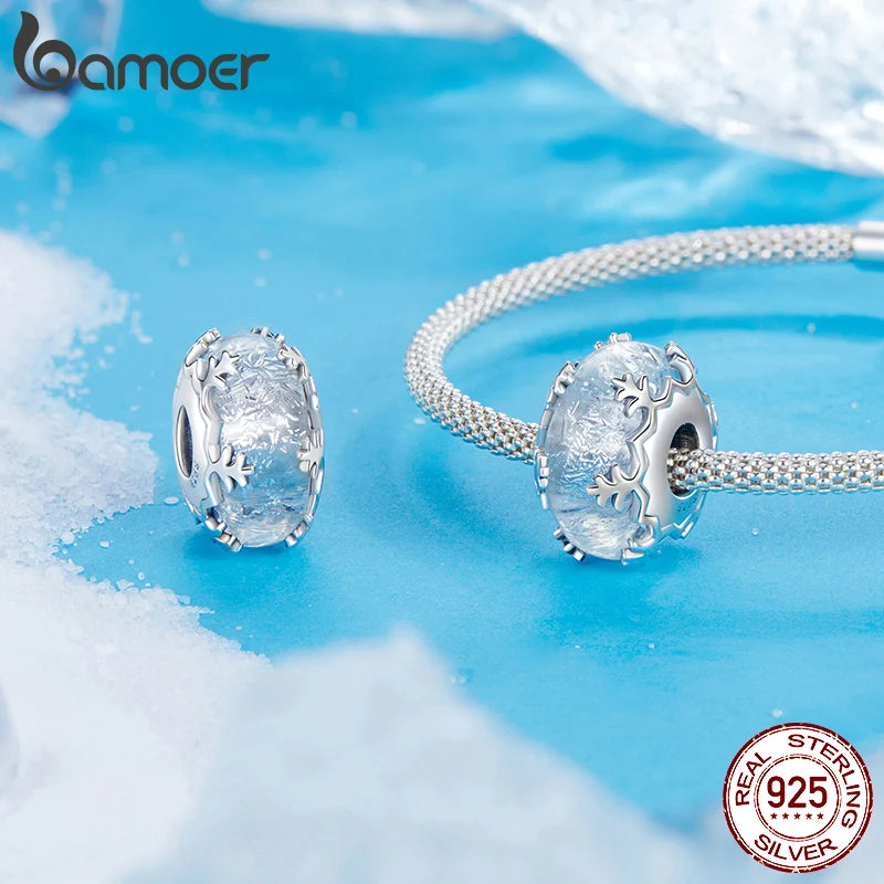 Solid 925 Sterling Silver Snowflake Charm Beads - Compatible with Pandora Bracelets