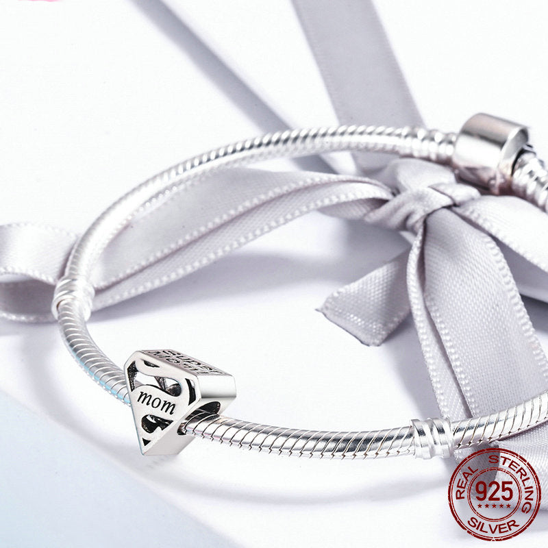 Super Mom Heart Charm - Genuine 925 Sterling Silver, Compatible with Pandora Bracelets