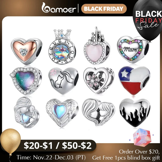 925 Sterling Silver Heart-Shaped Charm Beads - Compatible with Pandora Bracelets