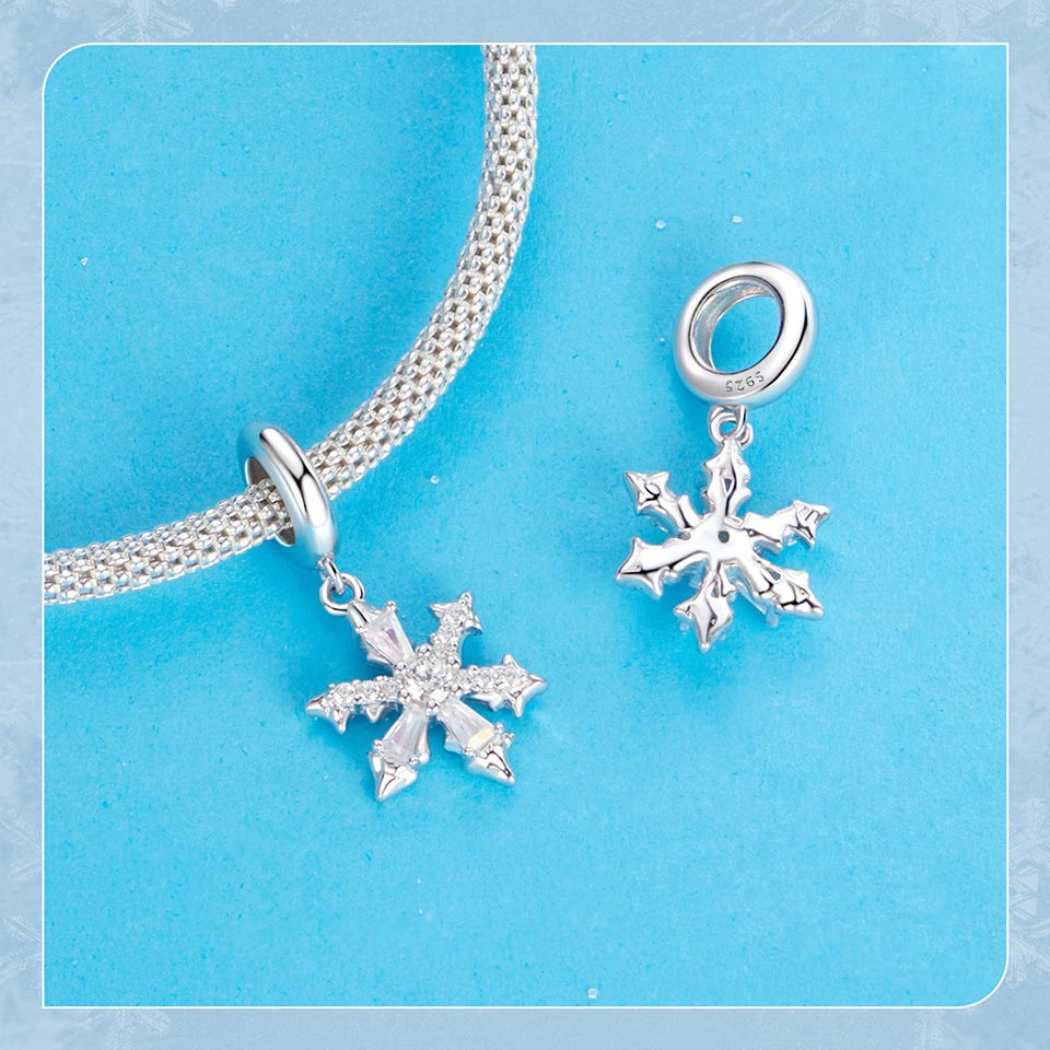 Solid 925 Sterling Silver Snowflake Charm Beads - Compatible with Pandora Bracelets