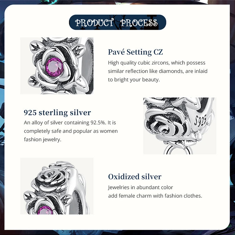 925 Sterling Silver Rose Safety Chain Charm - Pandora Compatible Bracelet Accessory with CZ Zircons (BSC713)