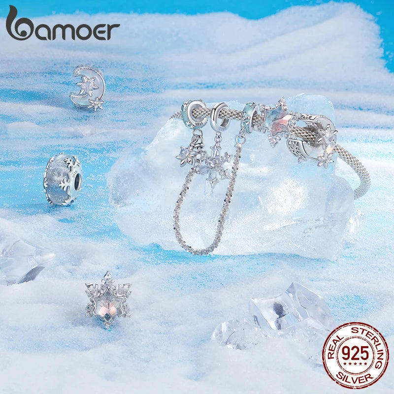 Solid 925 Sterling Silver Snowflake Charm Beads - Compatible with Pandora Bracelets