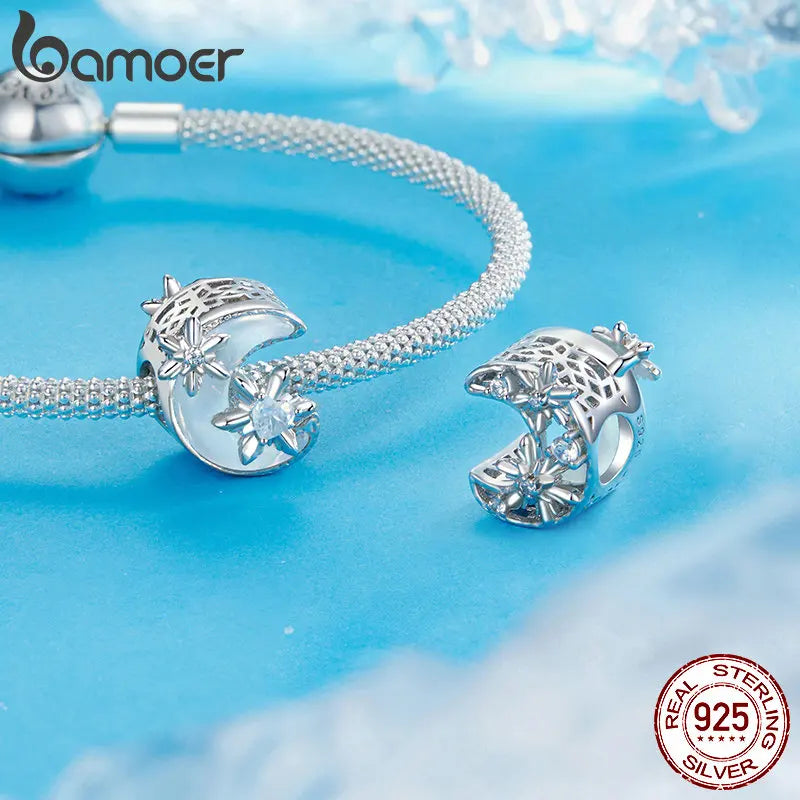 Solid 925 Sterling Silver Snowflake Charm Beads - Compatible with Pandora Bracelets