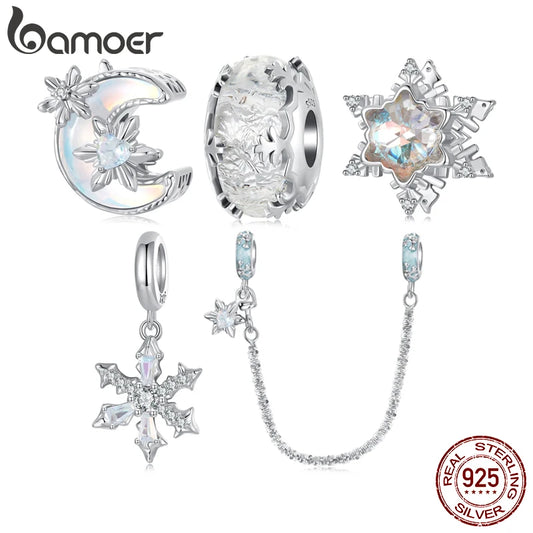 Solid 925 Sterling Silver Snowflake Charm Beads - Compatible with Pandora Bracelets