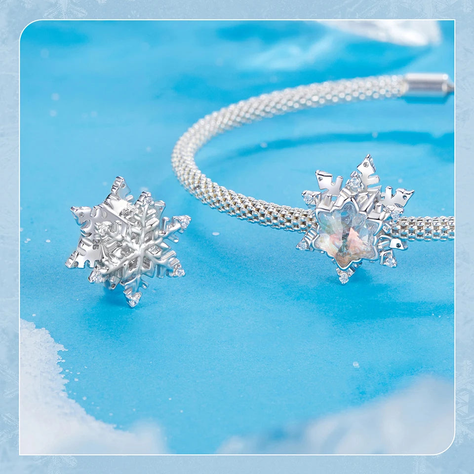 Solid 925 Sterling Silver Snowflake Charm Beads - Compatible with Pandora Bracelets