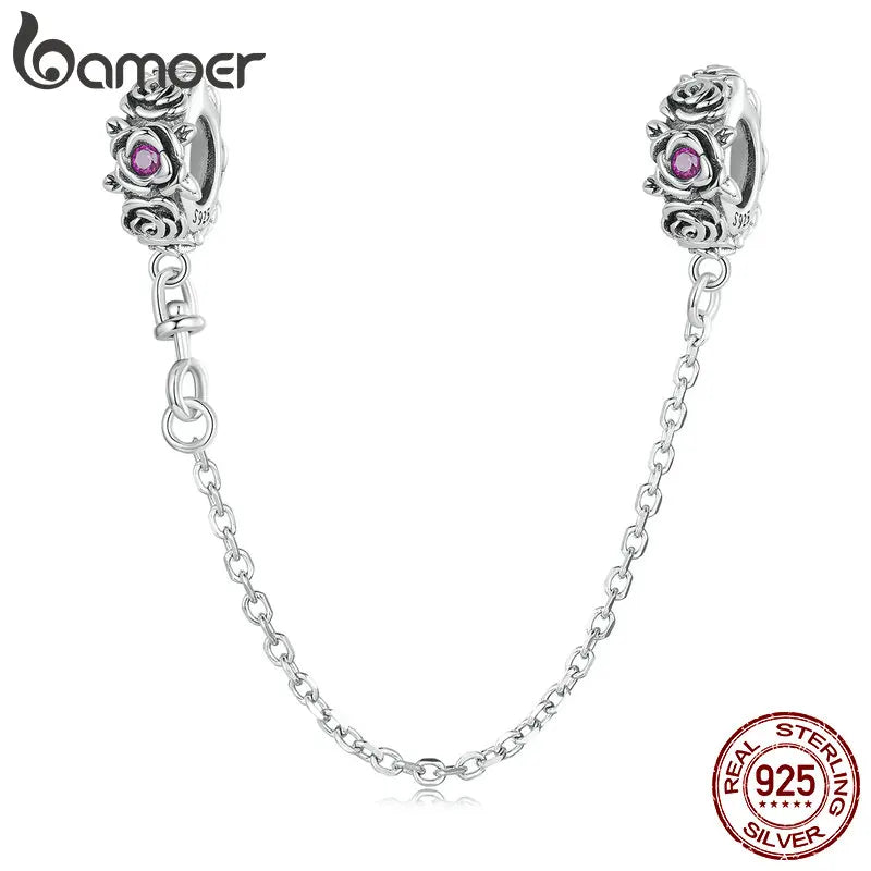 925 Sterling Silver Rose Safety Chain Charm - Pandora Compatible Bracelet Accessory with CZ Zircons (BSC713)