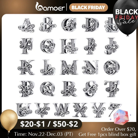 Classic 925 Sterling Silver Alphabet Charms - A to Z Openwork CZ Beads Compatible with Pandora Bracelets