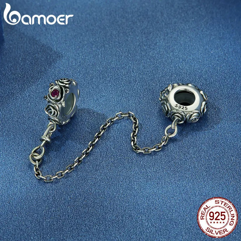 925 Sterling Silver Rose Safety Chain Charm - Pandora Compatible Bracelet Accessory with CZ Zircons (BSC713)