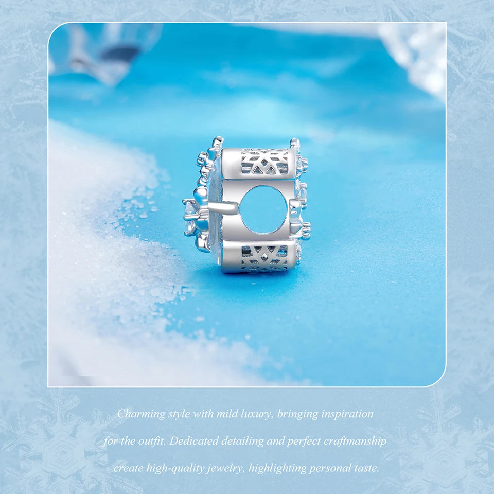 Solid 925 Sterling Silver Snowflake Charm Beads - Compatible with Pandora Bracelets