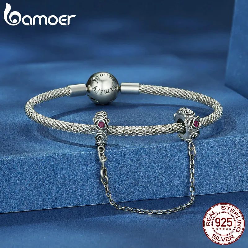 925 Sterling Silver Rose Safety Chain Charm - Pandora Compatible Bracelet Accessory with CZ Zircons (BSC713)