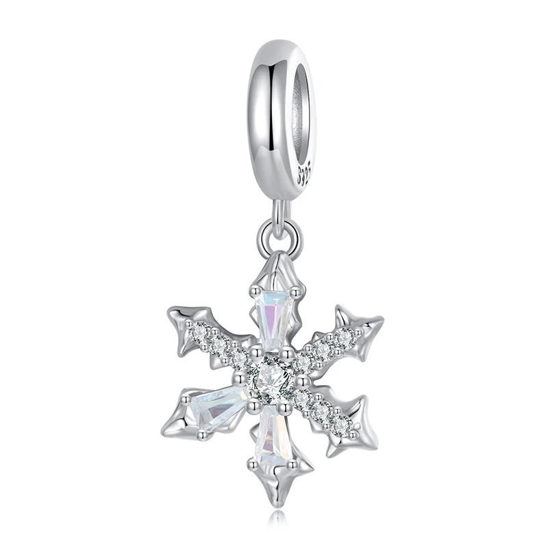 Solid 925 Sterling Silver Snowflake Charm Beads - Compatible with Pandora Bracelets