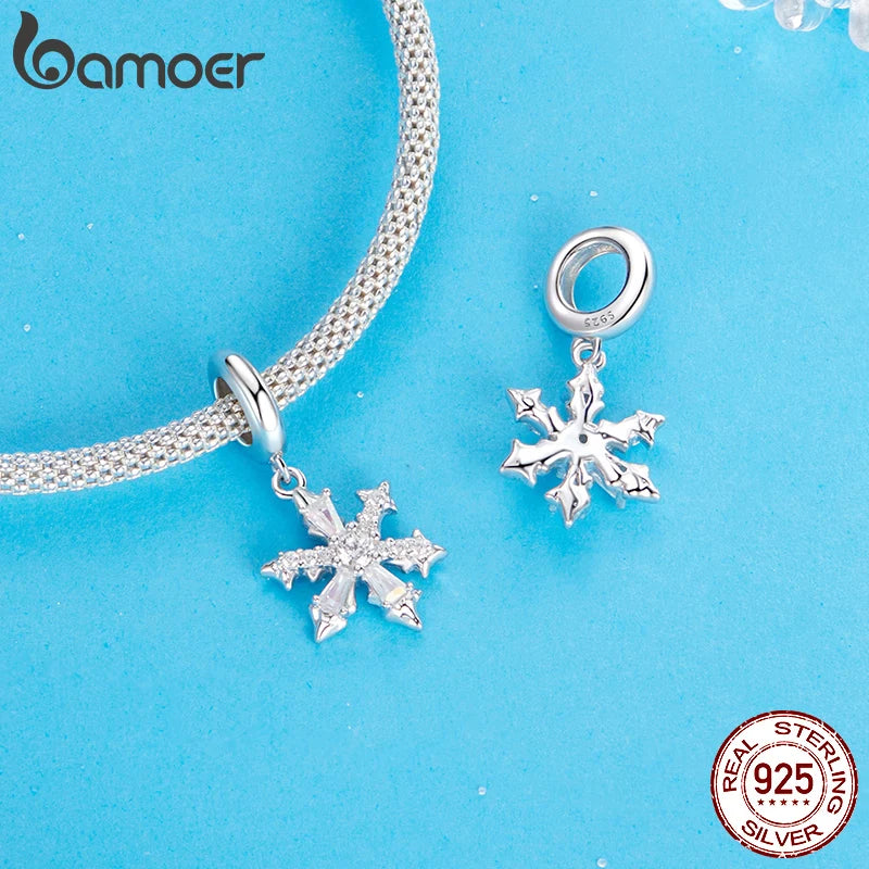 Solid 925 Sterling Silver Snowflake Charm Beads - Compatible with Pandora Bracelets