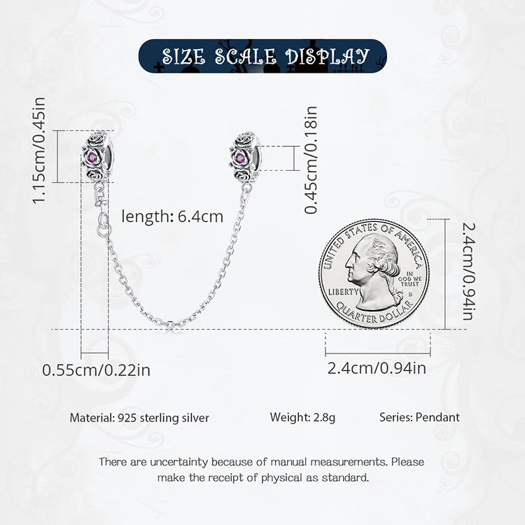 925 Sterling Silver Rose Safety Chain Charm - Pandora Compatible Bracelet Accessory with CZ Zircons (BSC713)