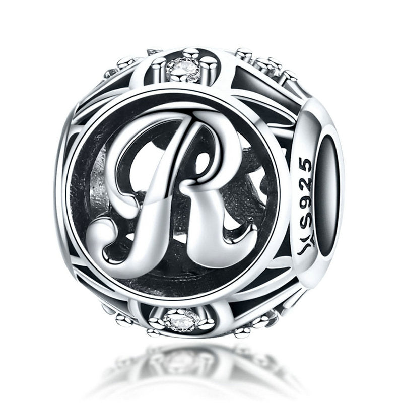 925 Sterling Silver Hollow Letter Charm with Zircon – Compatible with Pandora, Chamilia & European Bracelets