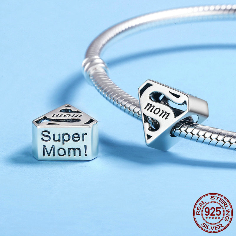 Super Mom Heart Charm - Genuine 925 Sterling Silver, Compatible with Pandora Bracelets