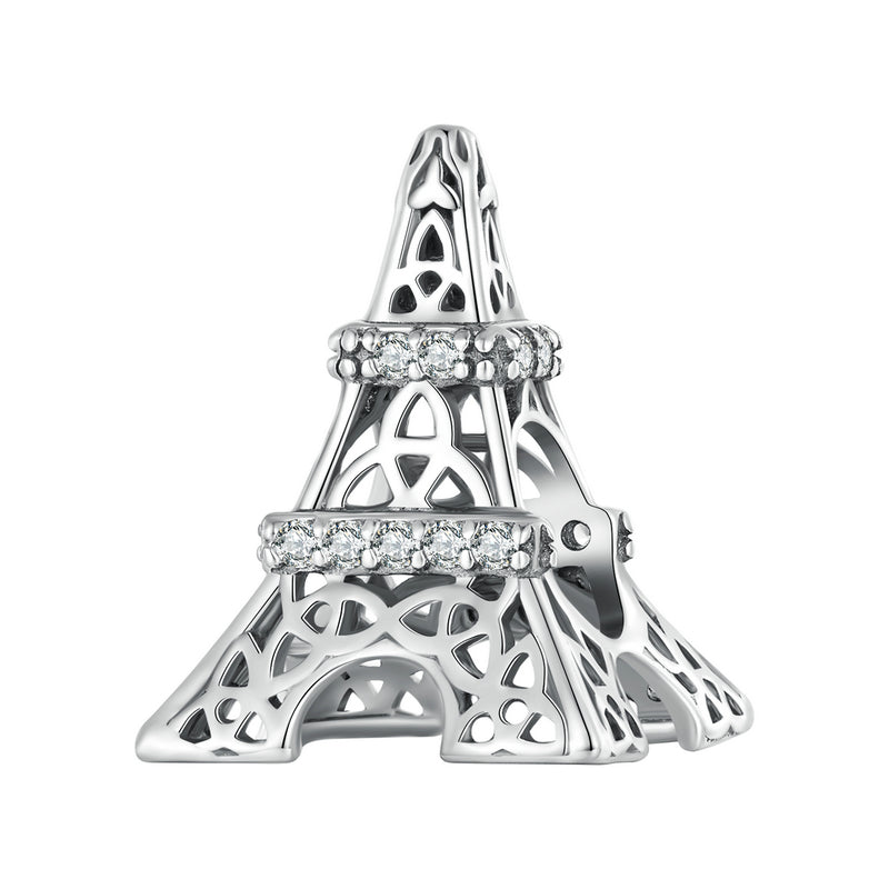 925 Sterling Silver Eiffel Tower Charm with Zircon – Vintage Pendant Compatible with Pandora Bracelets