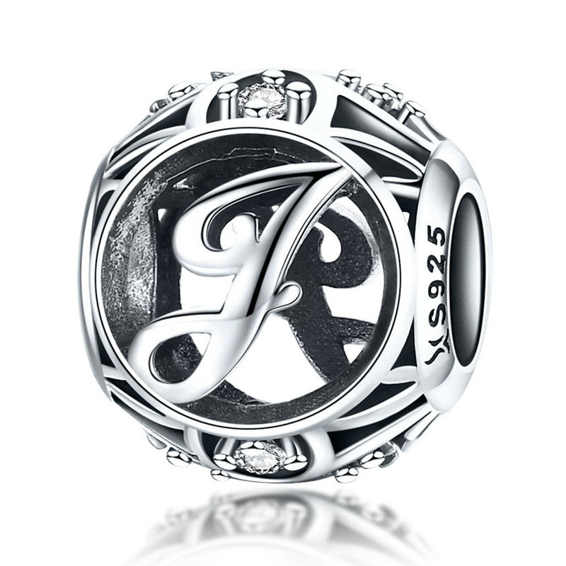 925 Sterling Silver Hollow Letter Charm with Zircon – Compatible with Pandora, Chamilia & European Bracelets