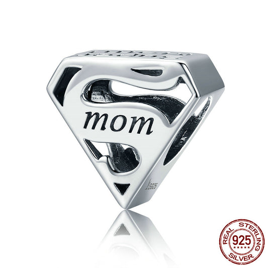 Super Mom Heart Charm - Genuine 925 Sterling Silver, Compatible with Pandora Bracelets