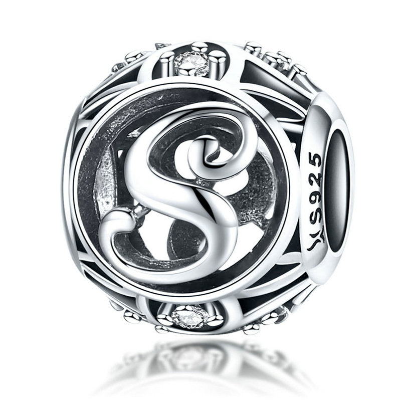 925 Sterling Silver Hollow Letter Charm with Zircon – Compatible with Pandora, Chamilia & European Bracelets