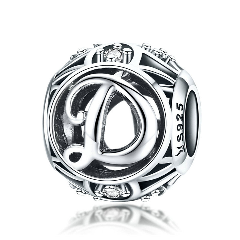 925 Sterling Silver Hollow Letter Charm with Zircon – Compatible with Pandora, Chamilia & European Bracelets