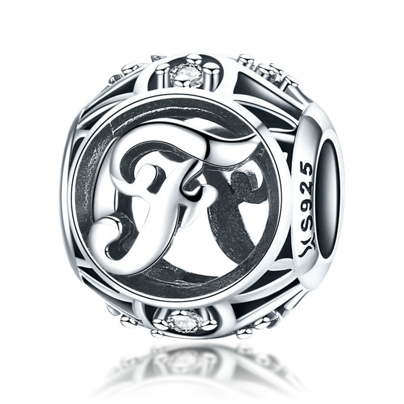 925 Sterling Silver Hollow Letter Charm with Zircon – Compatible with Pandora, Chamilia & European Bracelets