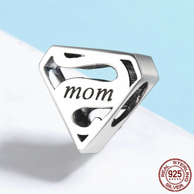 Super Mom Heart Charm - Genuine 925 Sterling Silver, Compatible with Pandora Bracelets