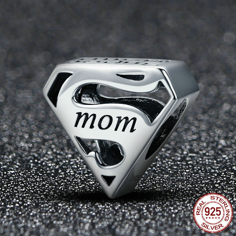 Super Mom Heart Charm - Genuine 925 Sterling Silver, Compatible with Pandora Bracelets