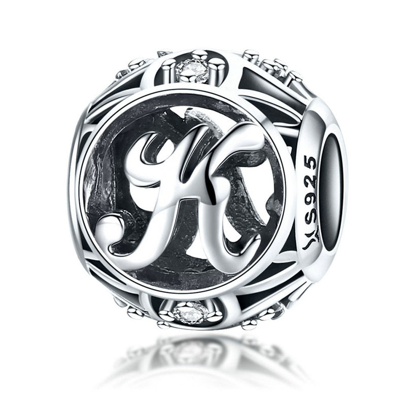 925 Sterling Silver Hollow Letter Charm with Zircon – Compatible with Pandora, Chamilia & European Bracelets