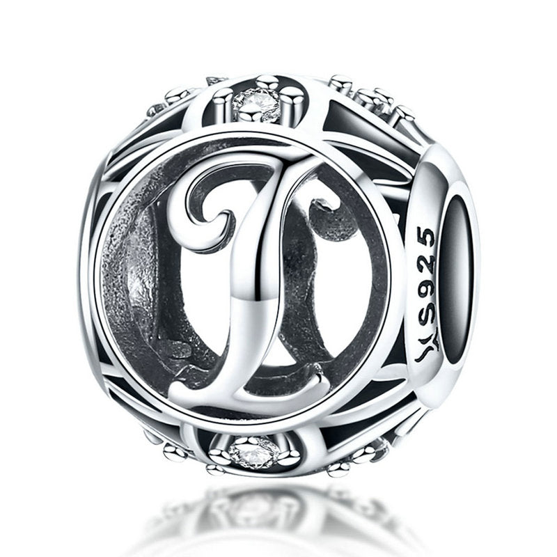 925 Sterling Silver Hollow Letter Charm with Zircon – Compatible with Pandora, Chamilia & European Bracelets